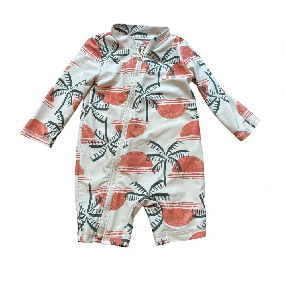 Carter's Rash Guard Baby Boy White Orange Palm Tree Excellent Zipper SIZE 3-6M‎